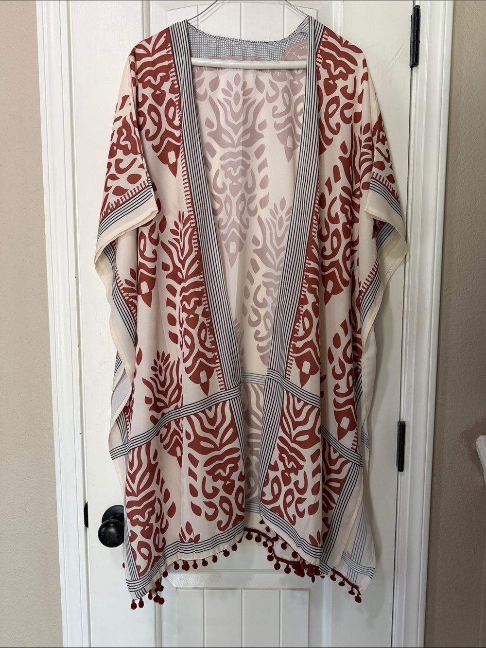 Boho Printed Open Kimono with Pom Trim - Cream & Rust